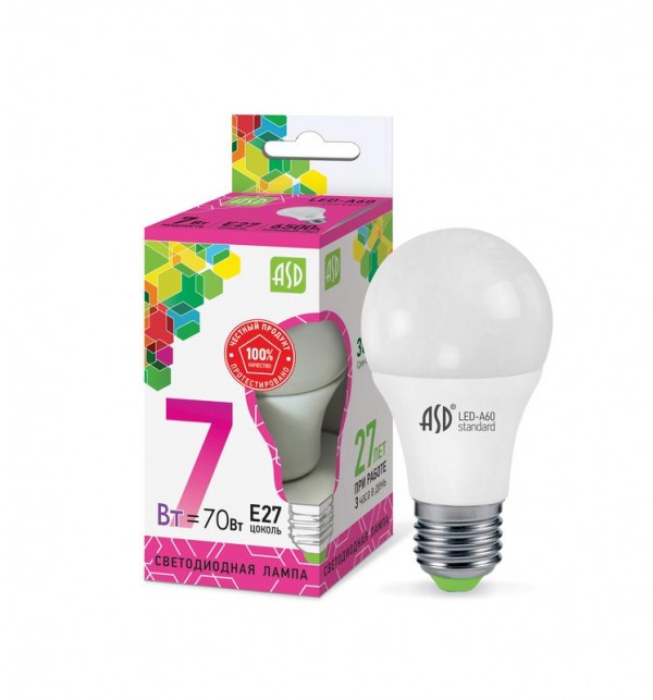  Лампа светодиодная LED-A60-standard 7Вт 230В E27 6500К 630Лм ASD 4690612018997 
