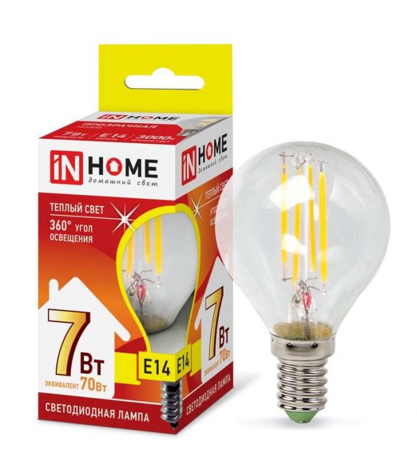  Лампа светодиодная LED-deco 7Вт 230В E14 3000К 630лм прозрач. IN HOME 4690612016306 