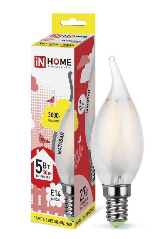  Лампа светодиодная LED-СВЕЧА НА ВЕТРУ-deco 5Вт 230В E14 3000К 450Лм матовая IN HOME 4690612006796 