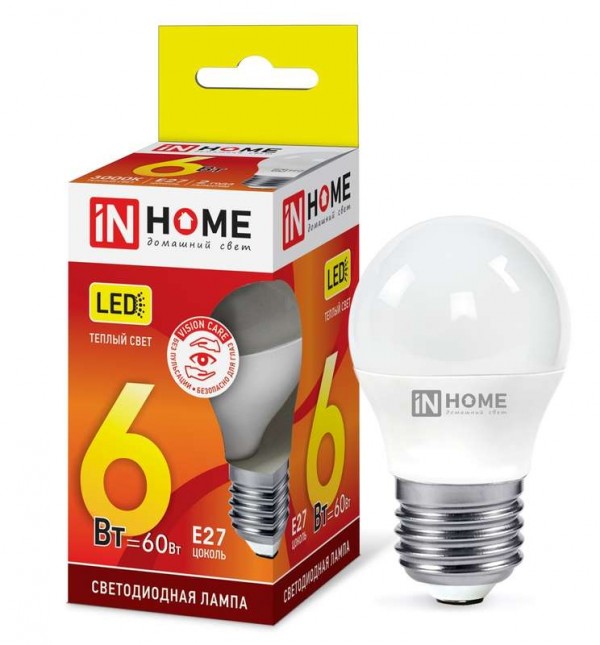  Лампа светодиодная LED-ШАР-VC 6Вт 230В E27 3000К 540лм IN HOME 4690612020525 