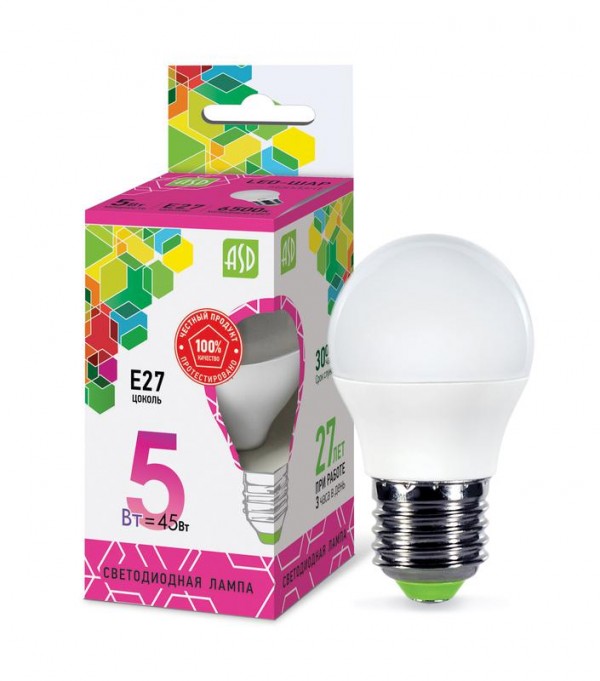  Лампа светодиодная LED-ШАР-standard 5Вт 230В E27 6500К 450лм ASD 4690612024561 