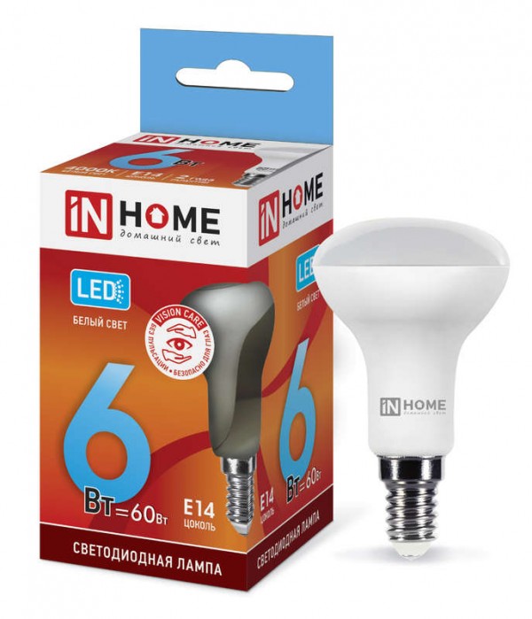  Лампа светодиодная LED-R50-VC 6Вт 230В E14 4000К 525лм IN HOME 4690612024264 