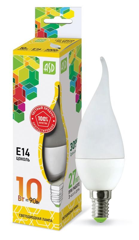  Лампа светодиодная LED-СВЕЧА НА ВЕТРУ-standard 10Вт 230В E14 3000К 900лм ASD 4690612024615 