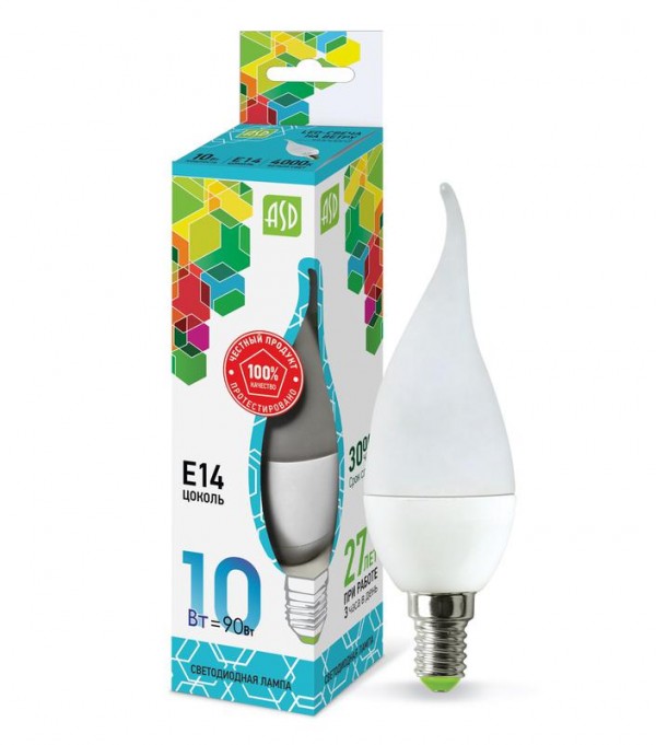  Лампа светодиодная LED-СВЕЧА НА ВЕТРУ-standard 10Вт 230В E14 4000К 900лм ASD 4690612024592 
