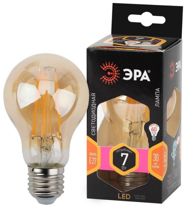  Лампа светодиодная F-LED A60-7W-827-E27 gold ЭРА Б0035037 