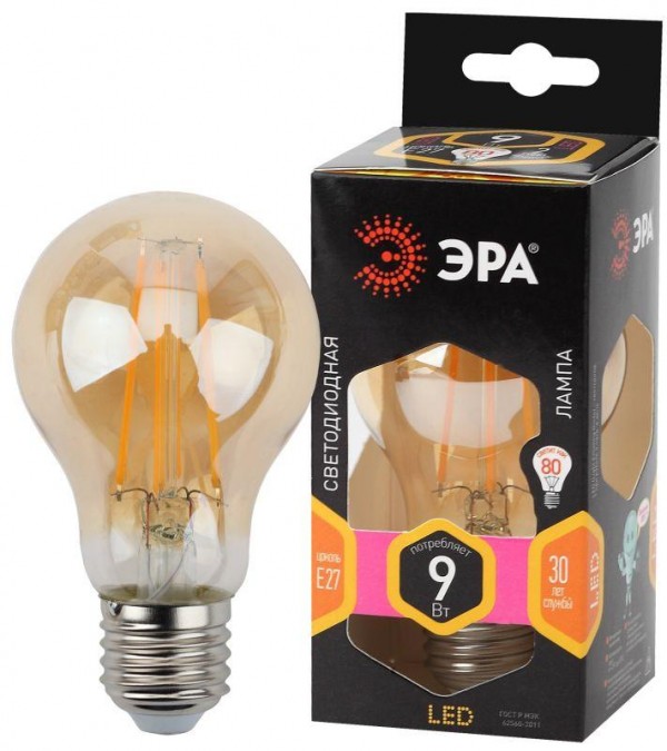  Лампа светодиодная F-LED A60-9W-827-E27 gold ЭРА Б0035038 