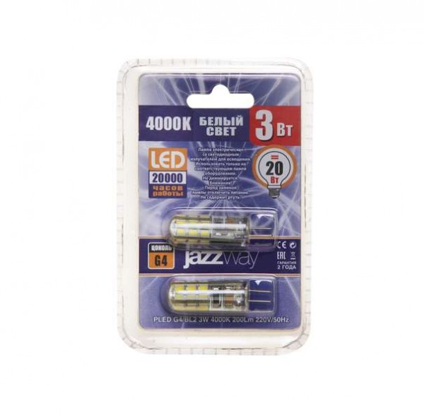  Лампа светодиодная PLED-G4/BL2 3Вт капсульная 2700К тепл. бел. G4 200лм 230В (блист.2шт) JazzWay 1036636 