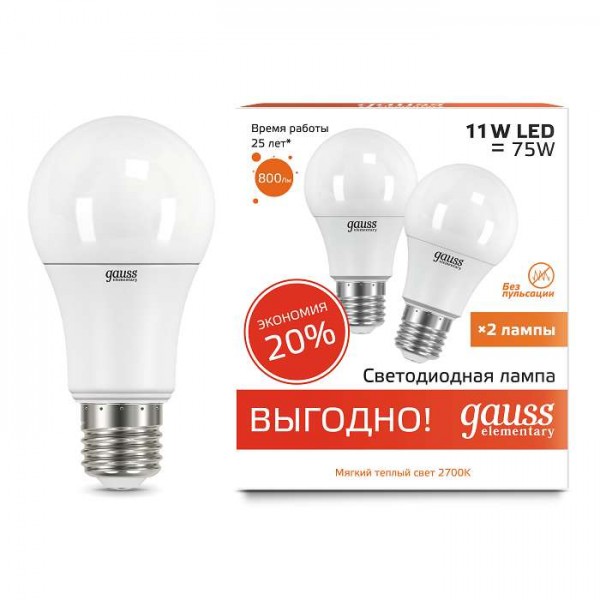  Лампа светодиодная Elementary A60 11Вт E27 2700К ПРОМО (уп.2шт) Gauss 23211P 
