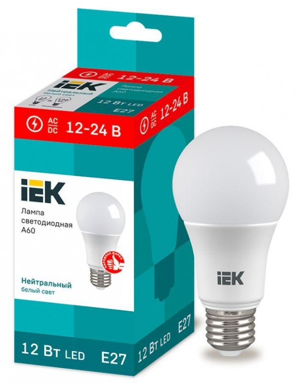  Лампа светодиодная A60 шар 12Вт 12-24В 4000К E27 (низковольтная) IEK LLE-A60-12-12-24-40-E27 