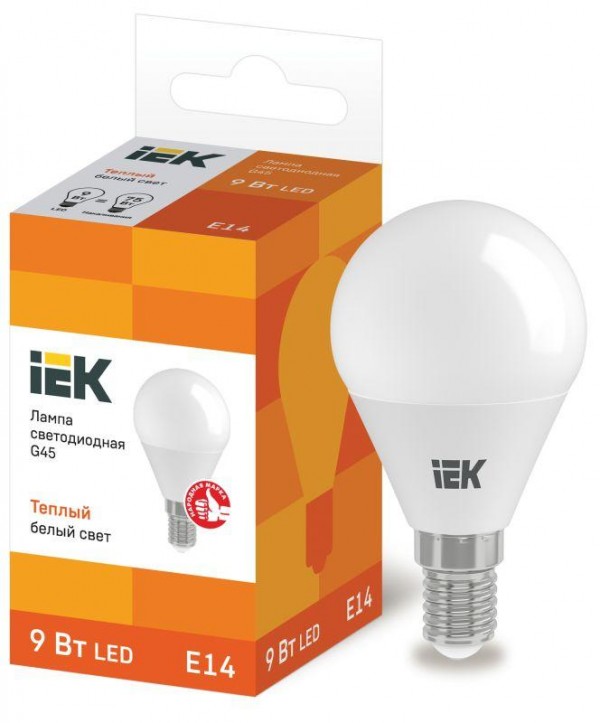  Лампа светодиодная ECO G45 9Вт шар 3000К E14 230В IEK LLE-G45-9-230-30-E14 