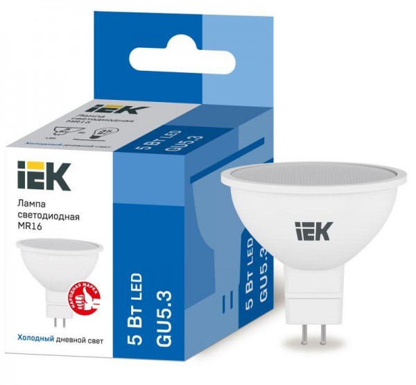  Лампа светодиодная ECO MR16 софит 5Вт 230В 6500К GU5.3 IEK LLE-MR16-5-230-65-GU5 