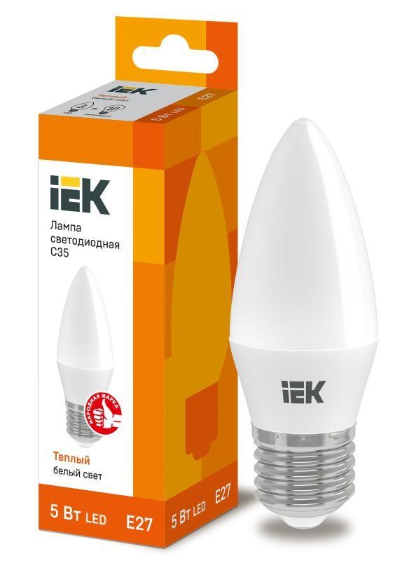  Лампа светодиодная ECO C35 5Вт свеча 3000К тепл. бел. E27 450лм 230-240В IEK LLE-C35-5-230-30-E27 