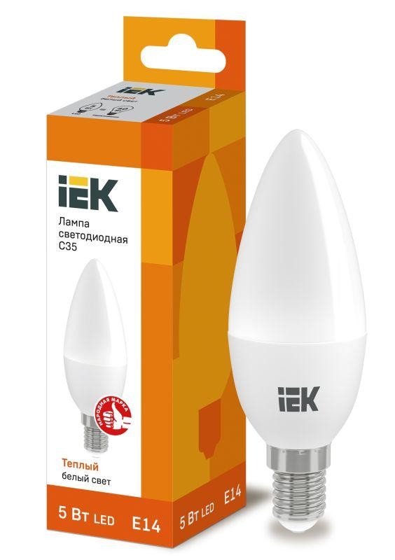  Лампа светодиодная ECO C35 5Вт свеча 3000К тепл. бел. E14 450лм 230-240В IEK LLE-C35-5-230-30-E14 