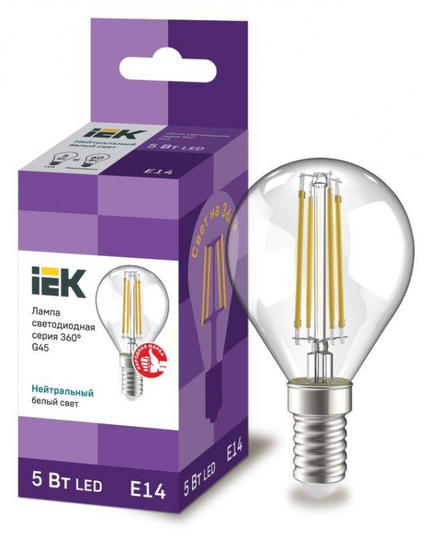  Лампа светодиодная 360° G45 5Вт шар 4000К E14 230В прозр. IEK LLF-G45-5-230-40-E14-CL 