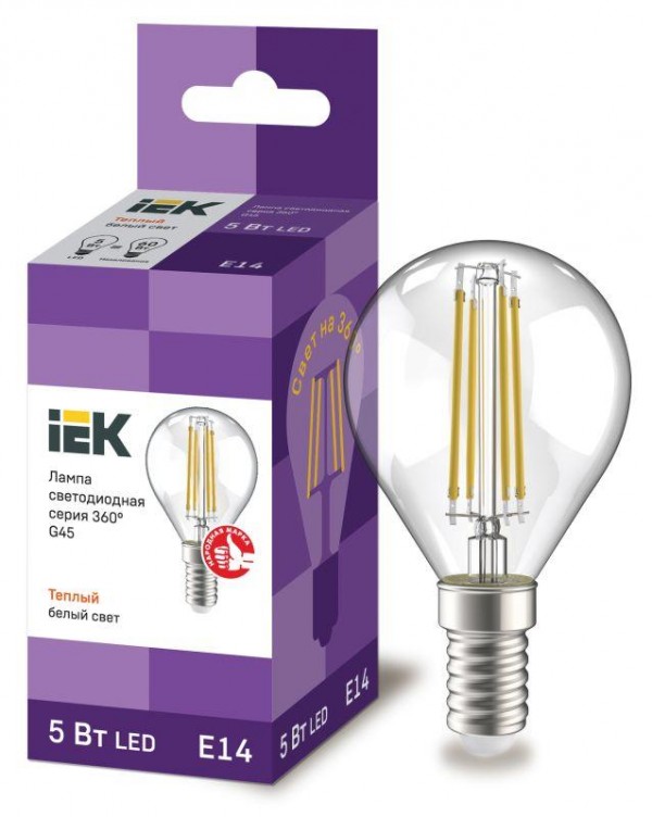  Лампа светодиодная 360° G45 5Вт шар 3000К E14 230В прозр. IEK LLF-G45-5-230-30-E14-CL 