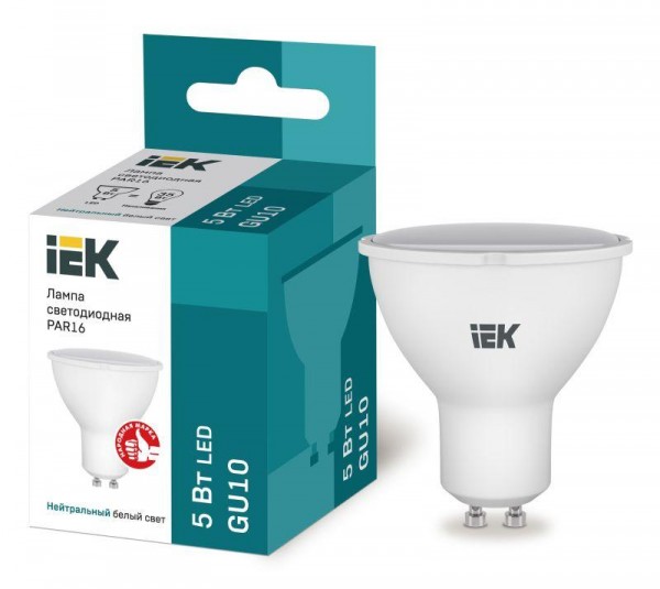  Лампа светодиодная ECO PAR16 5Вт 4000К бел. GU10 450лм 230-240В IEK LLE-PAR16-5-230-40-GU10 