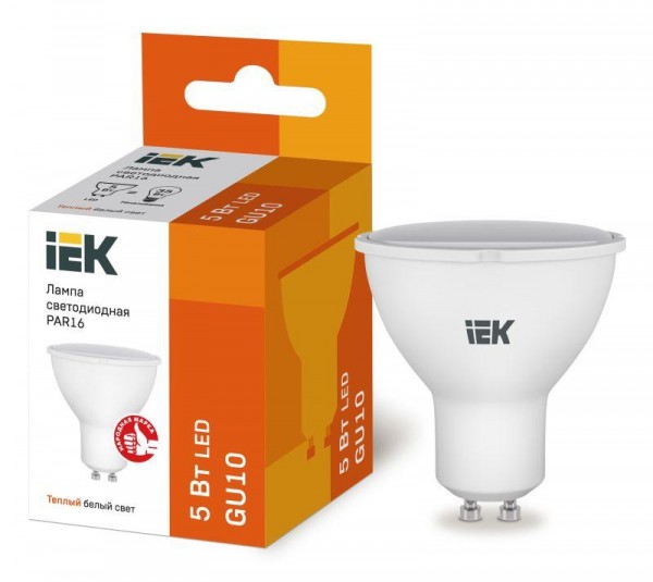  Лампа светодиодная ECO PAR16 5Вт 3000К тепл. бел. GU10 450лм 230-240В IEK LLE-PAR16-5-230-30-GU10 