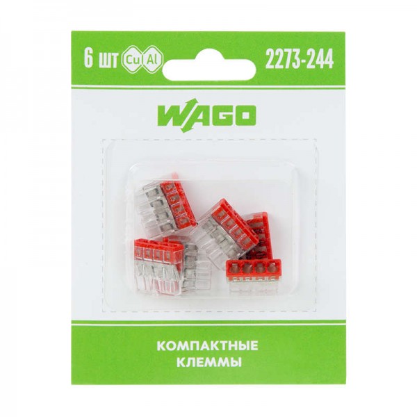  Клемма 4-х проводн. для распред. короб. (с контактн. пастой "Alu-Plus") 2273-244 (уп.6шт) WAGO 07-5143-06 