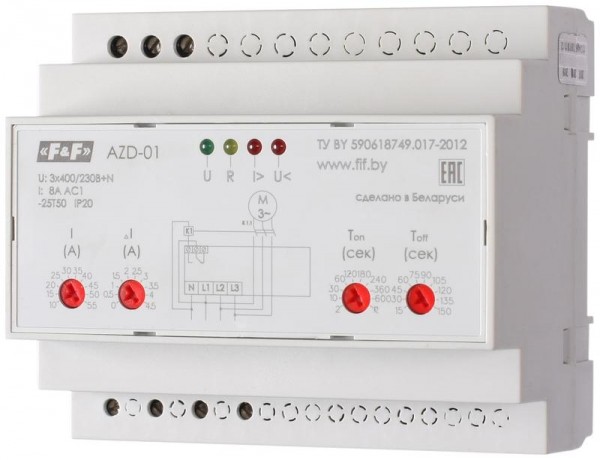  Реле защиты двигателя многофункциональное AZD-02 (защита 3-х фазных двигателей мощностью до 2.2кВт; и для работы с внешними ТТ; 6 модулей; монтаж на DIN-рейке) F&F EA05.004.005 