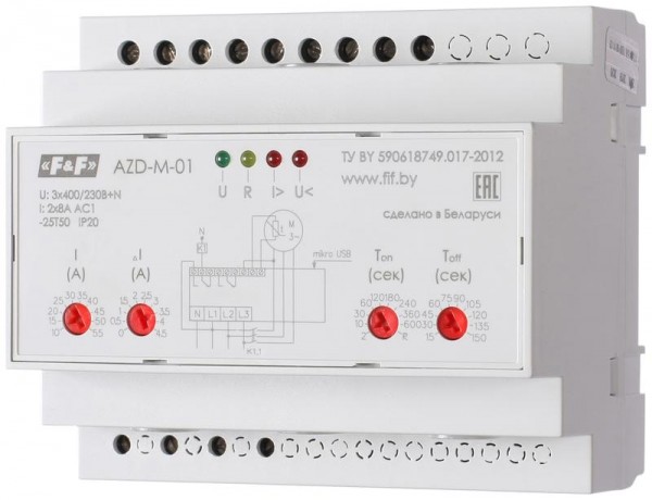  Реле защиты двигателя многофункциональное AZD-M-02 (защита 3-х фазных двигателей мощностью до 2.2кВт; и для работы с внешними ТТ; USB порт; 6 модулей; монтаж на DIN-рейке) F&F EA05.004.004 