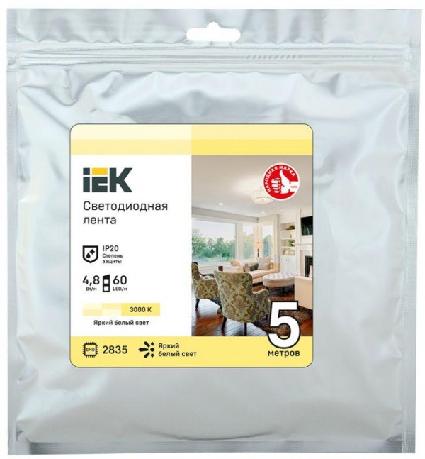  Лента светодиодная LED LSR-2835WW60-4.8-IP20-12В (уп.5м) ИЭК LSR1-1-060-20-3-05 