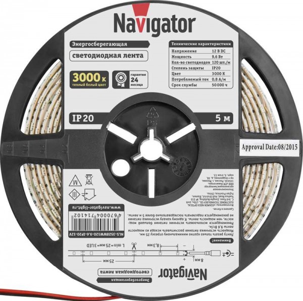  Лента светодиодная 71 410 NLS-3528WW120-9.6 IP20 12B R5 9.6Вт/м (уп.5м) Navigator 71410 
