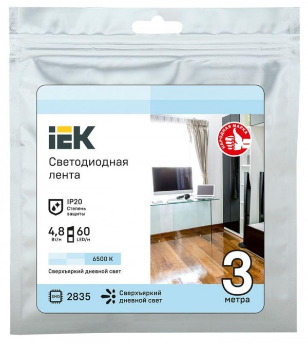  Лента светодиодная LED LSR-2835W60-4.8-IP20-12В (уп.3м) ИЭК LSR1-2-060-20-3-03 