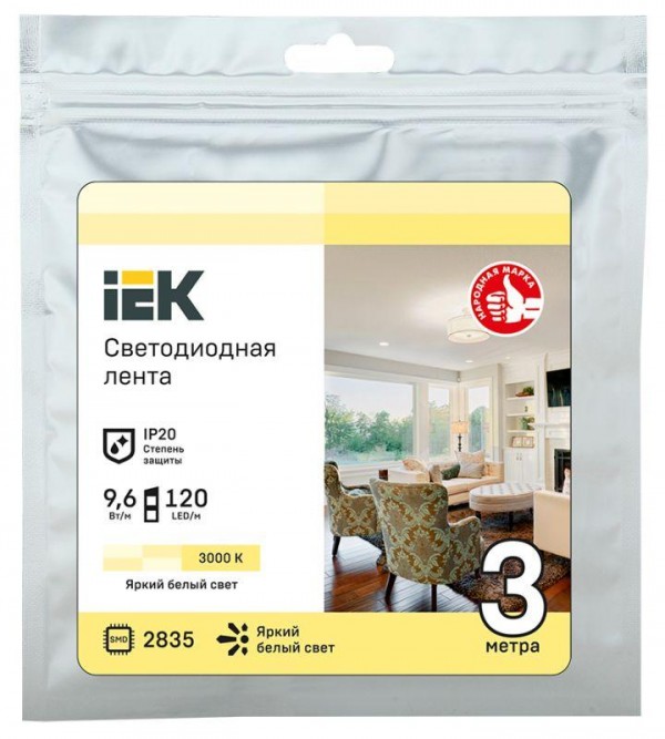  Лента светодиодная LED LSR-2835WW120-9.6-IP20-12В (уп.3м) ИЭК LSR1-1-120-20-3-03 