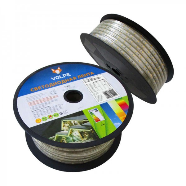  Лента светодиодная герметичная гибкая ULS-Q325 2835-60LED/m-10mm-IP67-220V-6W/m-50M-DW в ПВХ трубке IP67 угол излучения 120град. свет холод. бел. 6Вт/м (уп.50м) Volpe 10981 