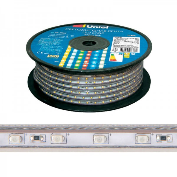  Лента светодиодная герметичная гибкая ULS-2835-60LED/m-10mm-IP67-220V-8W/m-50M-BLUE син. 8Вт/м (уп.50м) Uniel UL-00000859 
