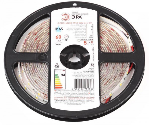  Лента светодиодная LS2835-60LED-IP65-WW-eco-5m (80/1920) (уп.5м) Эра Б0035592 