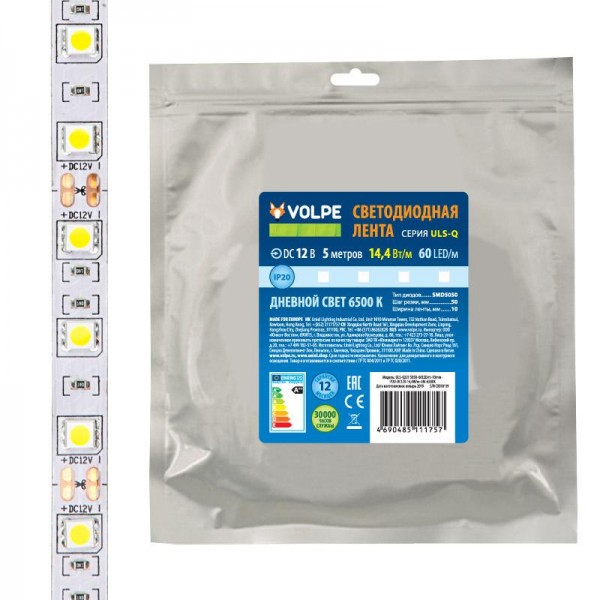  Лента светодиодная 5050-60LED/m-10mm-IP20-DC12V-14.4W/m-5M-3000K (уп.5м) Volpe UL-00004353 