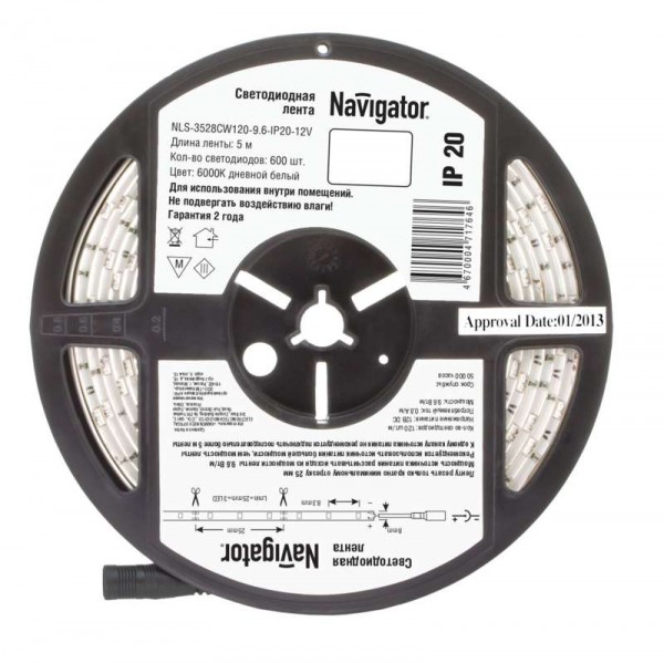  Лента светодиодная 71 764 NLS-3528CW120-9.6-IP20-12V R5 9.6Вт/м (уп.5м) Navigator 71764 