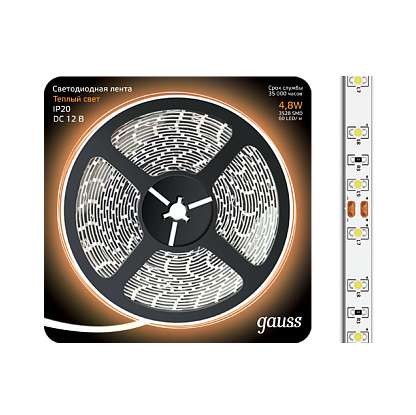  Лента светодиодная Black 2835/60-SMD 4.8Вт 12В DC тепл. бел. (блистер 5м) Gauss 312000105 