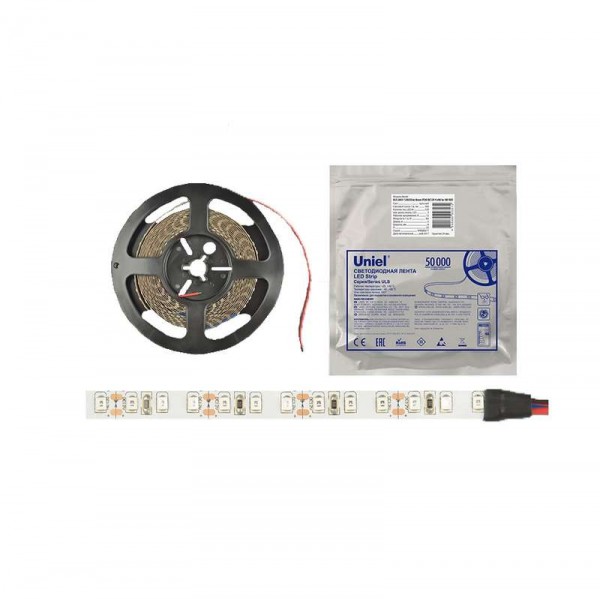  Лента светодиодная гибкая ULS-2835-120LED/m-8mm-IP20-DC12V-9.6W/m-5M-RED на самоклеящейся основе красн. 9.6Вт/м (уп.5м) Uniel UL-00002254 