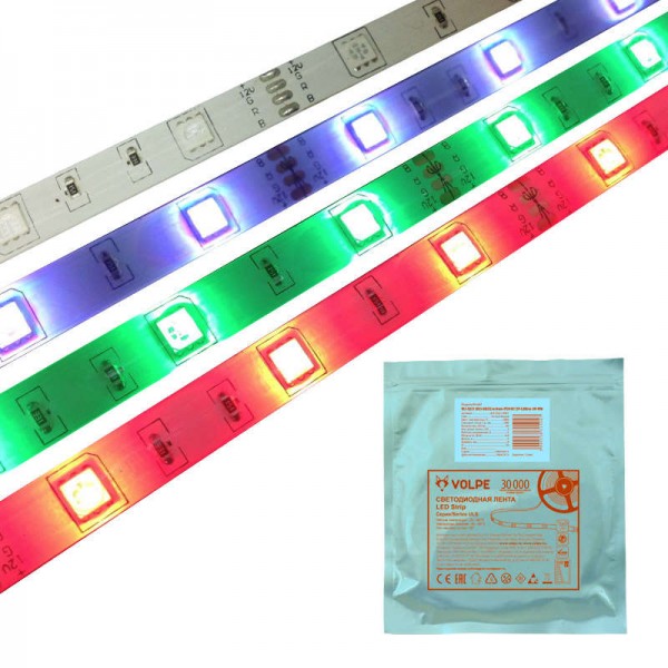  Лента светодиодная герметичная гибкая ULS-Q214 5050-30LED/m-10mm-IP65-DC12V-7.2W/m-5M-RGB на самоклеящейся основе мультиколор 7.2Вт/м (уп.5м) Volpe UL-00000900 