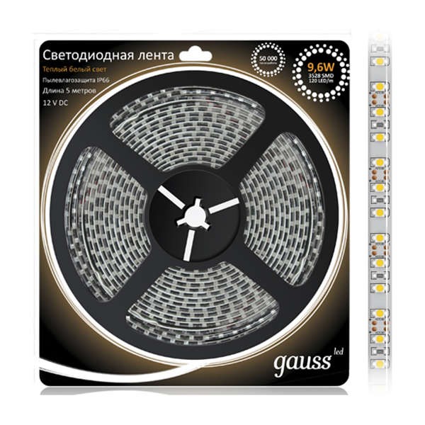  Лента светодиодная 3528/120-SMD 9.6Вт 12В DC теплый бел. IP66 (блистер 5м) Gauss EB311000110 