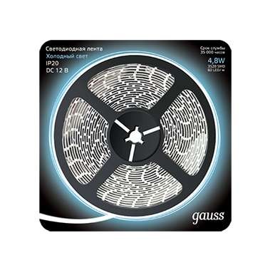  Лента светодиодная Black 2835/60-SMD 4.8Вт 12В DC холодный бел. (блистер 5м) Gauss 312000305 