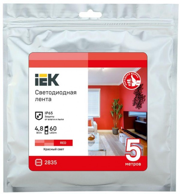  Лента светодиодная LED LSR-2835R60-4.8-IP65-12В (уп.5м) ИЭК LSR1-6-060-65-3-05 
