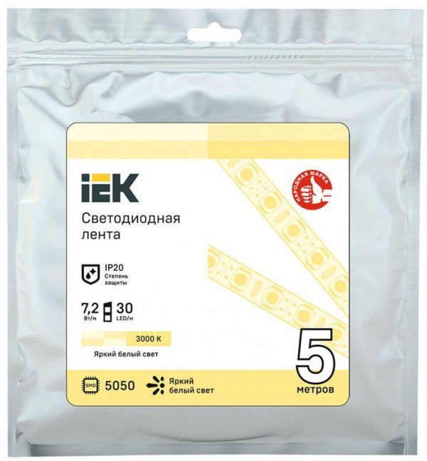  Лента светодиодная LED LSR-5050WW30-7.2-IP20-12В (уп.5м) ИЭК LSR2-1-030-20-3-05 