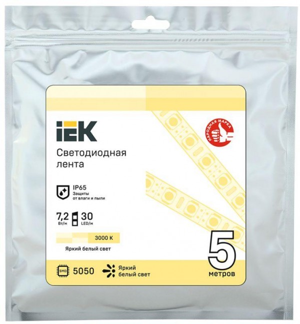  Лента светодиодная LED LSR-5050WW30-7.2-IP65-12В (уп.5м) ИЭК LSR2-1-030-65-3-05 