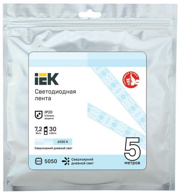  Лента светодиодная LED LSR-5050W30-7.2-IP20-12В (уп.5м) ИЭК LSR2-2-030-20-3-05 
