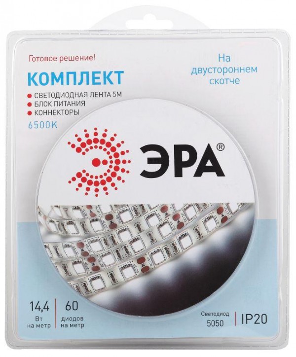  Лента светодиодная 5050kit-14.4-60-12-IP20-6500 (уп.5м) ЭРА Б0043065 