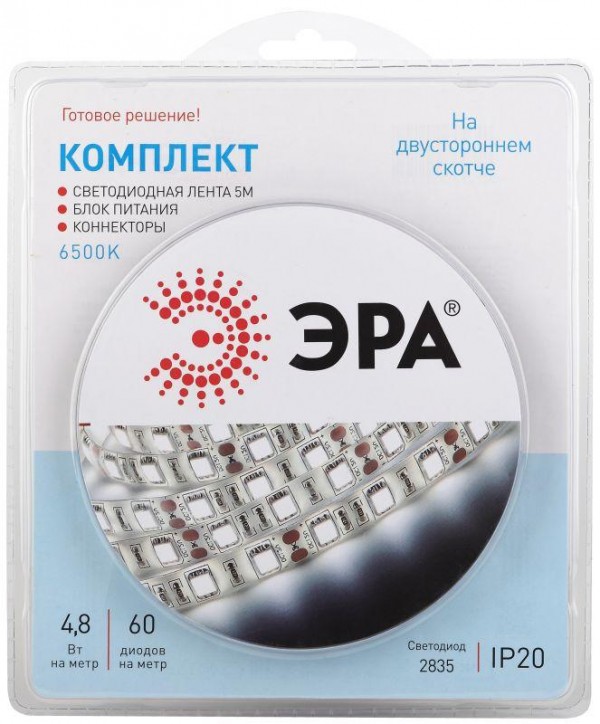  Лента светодиодная 2835kit-4.8-60-12-IP20-6500 (уп.5м) ЭРА Б0043061 