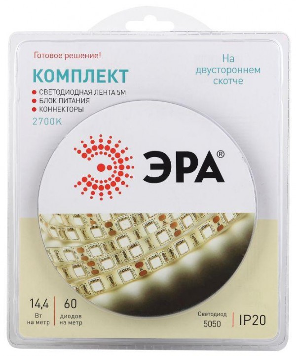  Лента светодиодная 5050kit-14.4-60-12-IP20-2700 (уп.5м) ЭРА Б0043066 