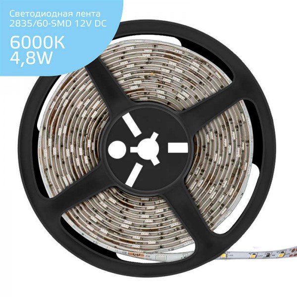  Лента светодиодная Elementary 2835/60-SMD 4.8Вт 12В DC IP20 холод. бел. (уп.5м) Gauss 355000305 