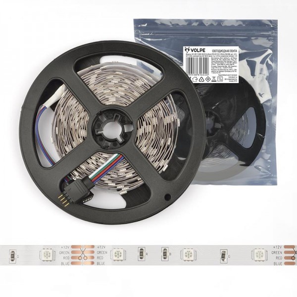  Лента светодиодная гибкая ULS-Q911 5050-30LED/m-8mm-IP20-DC12V-7.2W/m-3M-RGB на самоклеящейся основе мультиколор 7.2Вт/м (уп.3м) Volpe UL-00000944 
