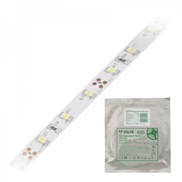  Лента светодиодная гибкая ULS-Q321 2835-60LED/m-8mm-IP20-DC12V-4.8W/m-3M-WW на самоклеящейся основе IP20 угол излучения 120град. свет тепл. бел. 4.8Вт/м (уп.3м) Volpe UL-00000201 