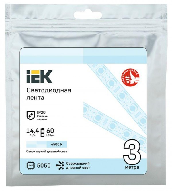  Лента светодиодная LED LSR-5050W60-14.4-IP20-12В (уп.3м) ИЭК LSR2-2-060-20-3-03 