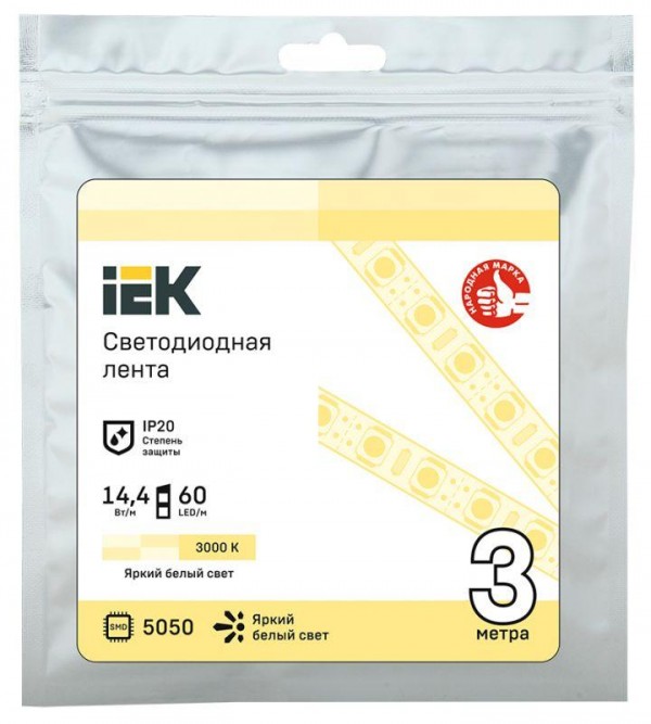  Лента светодиодная LED LSR-5050WW60-14.4-IP20-12В (уп.3м) ИЭК LSR2-1-060-20-3-03 